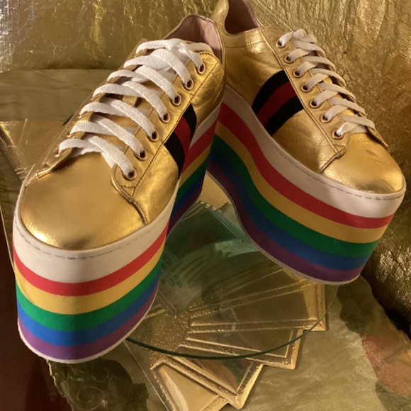 Gucci Alessandro Michele Peggy Rainbow good web platform sneakers - Picture 2 of 14